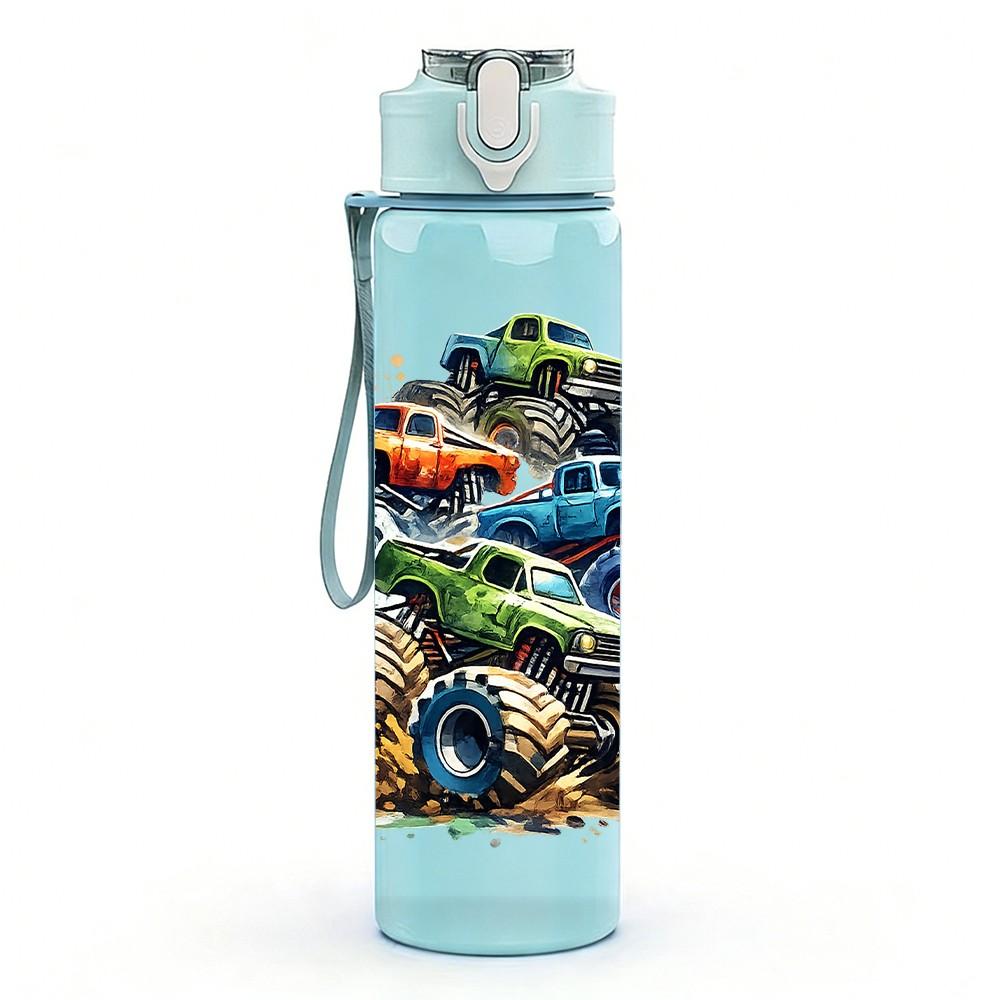 1PC Monster Truck 4 Year Old Birthday Print 750ml Color Plastic Sports Water Bottle Leakproof Flip Straw Lid Suitable for Sports Office Home Use