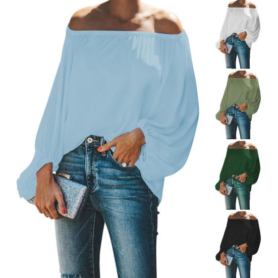 Off Shoulder Solid Color Women Shirt Spring Autumn Lantern Long Sleeve Women Blouse Daily Clothing