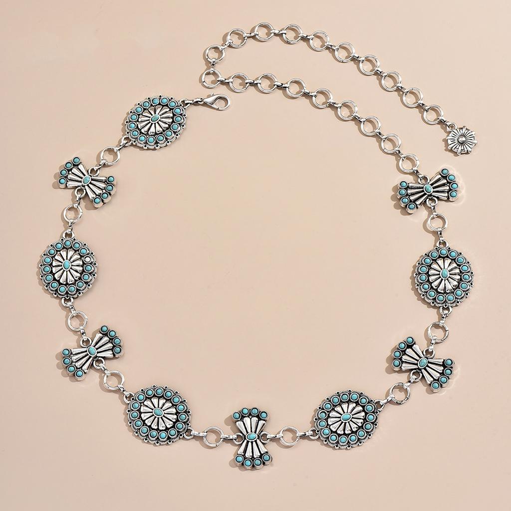 Women's Exquisite Heavy Industry Turquoise Inlaid with Fashionable Palace Style Heavy Metal Waist Chain Elegant Belt