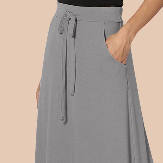 Women Maxi Skirt Adjustable Drawstring High-Waisted Solid Color Long Skirt with Pockets Casual Work Skirt