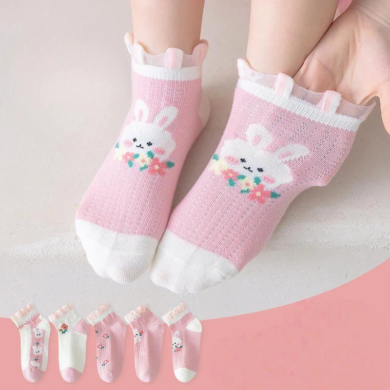 Children's Mid-Calf Socks 5 Pairs Cute Rabbit Floral Design Lace Edge Soft Elastic Socks for Toddler Girls All Seasons