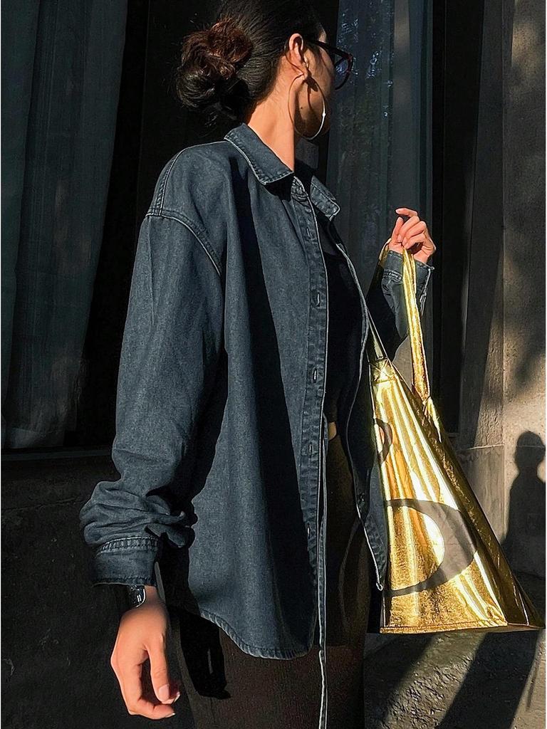 European Women's Lace-Up Denim Jacket - Button Front, Long Sleeve Casual Top