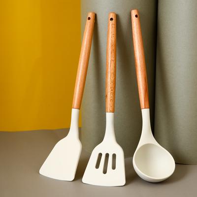 Espátula de silicona con mango de madera, color blanco leche, utensilios de cocina, juego de 3 piezas, espátula de silicona, cuchara de sopa de cocina colgante, utensilios de cocina, espátula