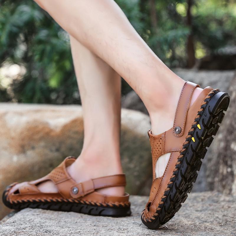 Sandales de randonnée pour hommes Sandales en cuir noir Sandales d'été d'extérieur Sandales romaines à bout large Marron Chaussures de plage Chaussures d'eau Grande taille