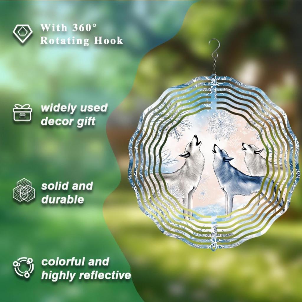 Winterwunderland 10 Zoll Metall-Windspiel mit heulenden Wölfen Schneeflocken-Design 360 drehbarer Haken für Garten Terrasse Balkondekoration Geschenk