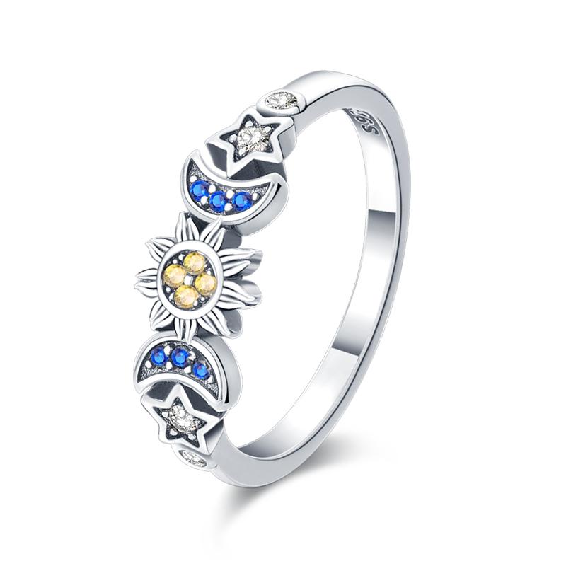 Rings for Women 925 Silver Color Popular Blue Zircon Blossom Flower Snowflake Stars Moon Rings Wedding Party Romantic Jewelry