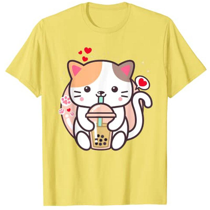 Cat Boba Tea BubbleTea Kawaii Anime Japanese Neko Girl Teen TShirt Y2k Cute Cartoon Unisexga Graphic Clothes Novelty Personality