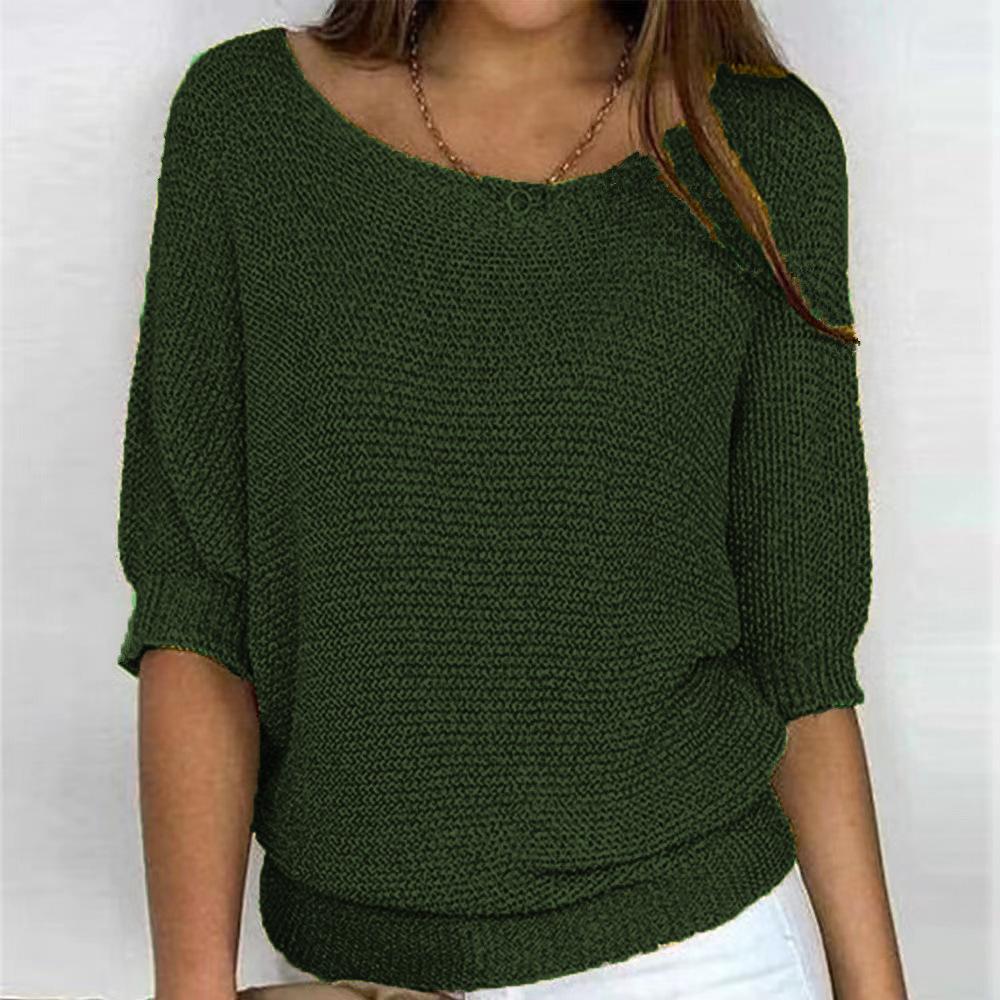 Women's Spring/Autumn Solid Color Round Neck Knitted Sweater, Plus Size, Elegant 3/4 Sleeve Top for Work