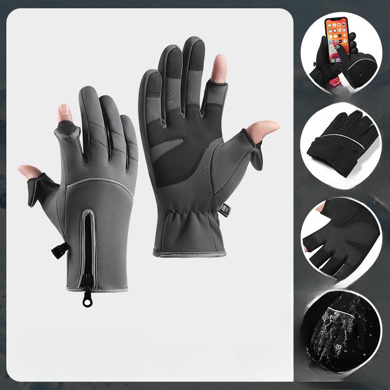 Cycling Gloves Men's Winter Zipper Touch Screen Windproof and Warm Waterproof Cycling Sports Plus Fleece Ski Gloves Adjustable