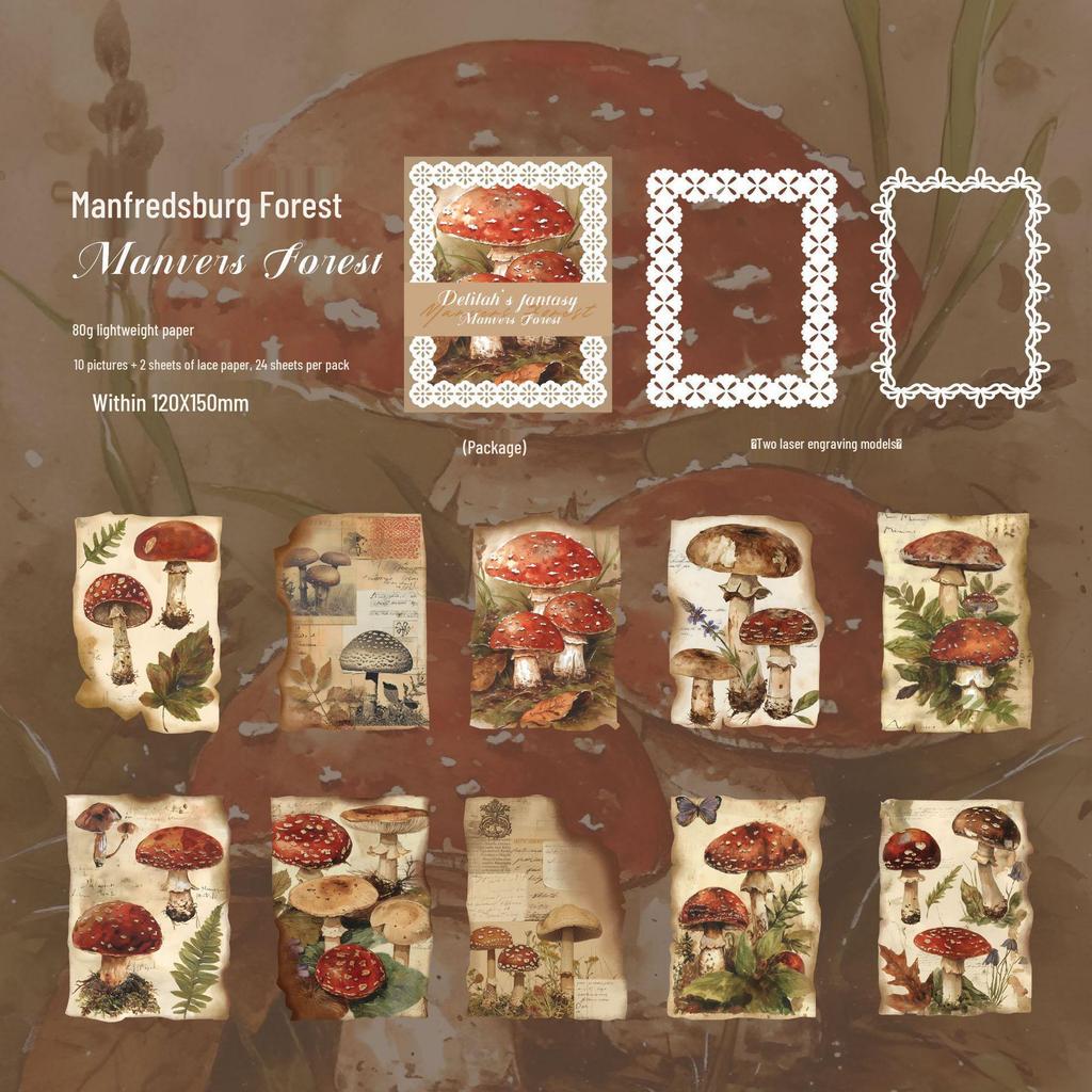 Dark Shadow Phantom Fantasy Chronicle Retro Lace Paper - 24 Sheets, 6 Styles.