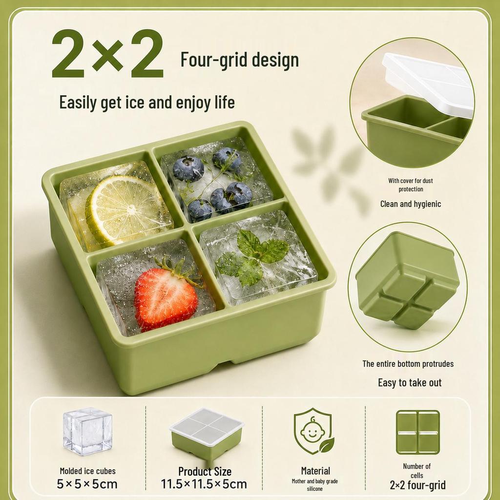 Square Ice Cube Tray with Lid - Large Silicone Mold for Home Use