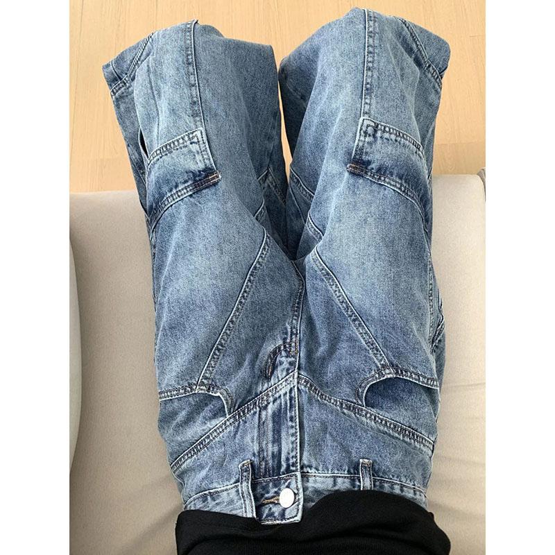 

Джинсы женские в винтажном стиле с высокой посадкой, модные, с большими карманами, прямые, повседневные, уличная одежда, широкие брюки, женские 2025 XL синий