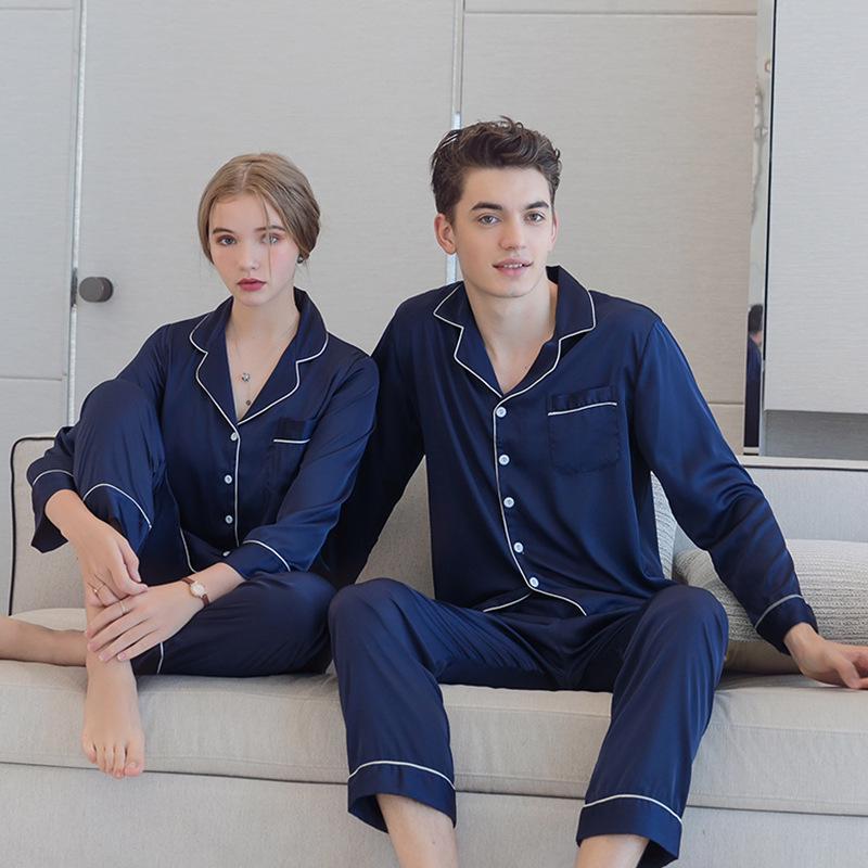 Ice Silk Couple Pajamas: Women's Long Sleeve Two-Piece Set, Spring/Autumn, Thin Style, Plus Size, Stylish Men's Home Wear