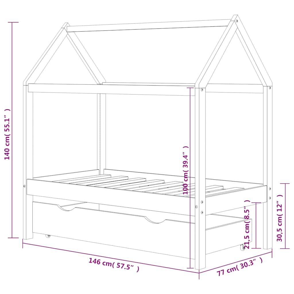 Kids Bed with Drawer Solid Pine Wood 70 X 140 Cm