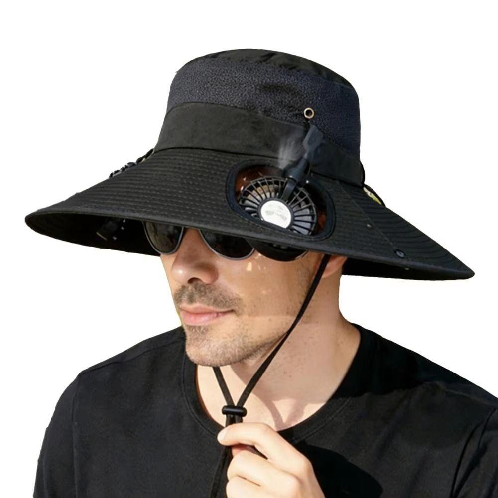 Adjustable Wide Brim Sun Caps Built-in Fan Bucket Cap with Fans Cooling Fisherman Hat Hiking
