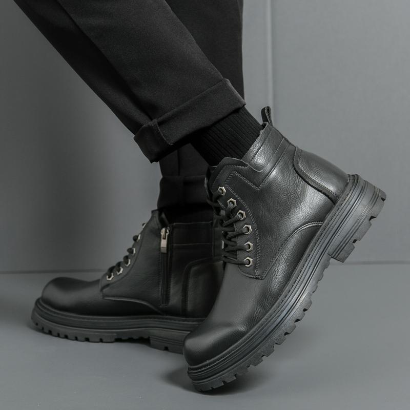 FashionBrand Leather Fashion Motorcycle Boots Men Lace-Up Male Ankle Boots Men's Casual High Top Shoes New All-match Men Walking Shoes