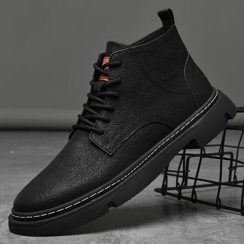 Herrenstiefel aus echtem Leder, hohe Qualität, warmes Plüschfell, Winterschuhe, Herren-Freizeitschuhe, Stiefeletten, rutschfeste Motorradstiefel