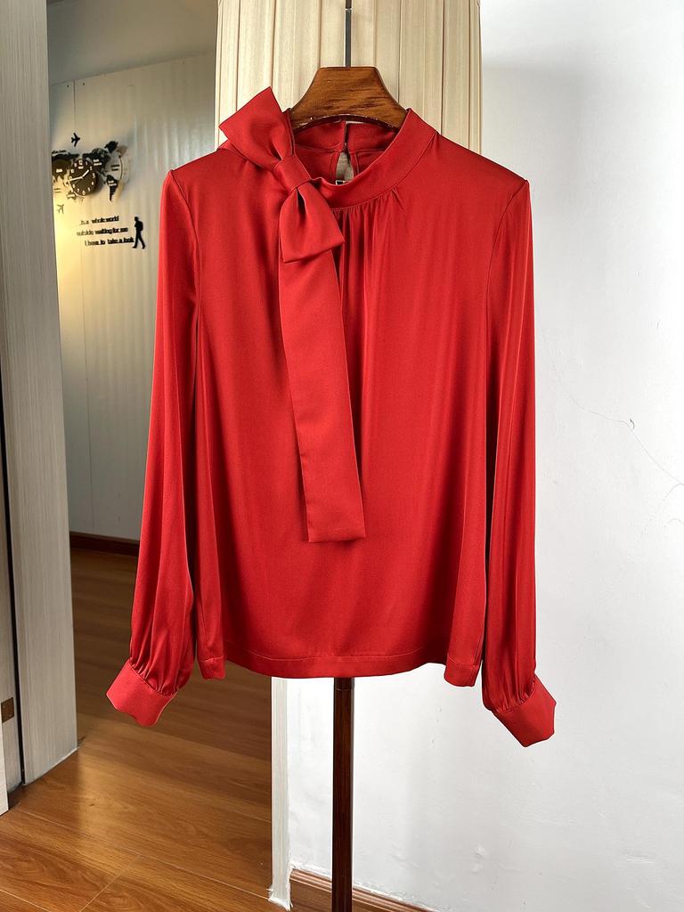 Women's Elegant Stand Collar Silk Bow Blouse, Long Sleeve, Mulberry Silk Ribbon, Commuting Style