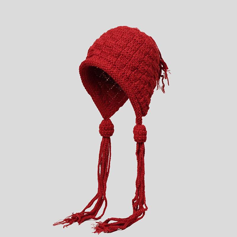 1 Stück Handgefertigte Häkelmütze aus buntem Garn für Damen Winter Gestrickte Beanie-Mütze mit Ohrenklappen, Quaste und Bommel