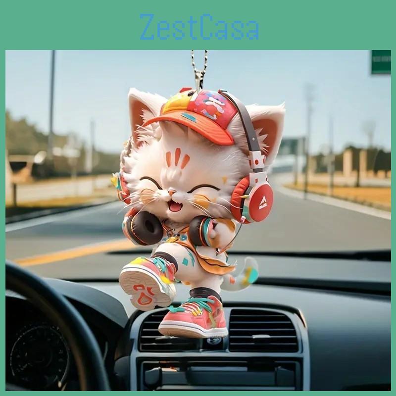 Cute Listening To Music Colorful Cat Pattern, Acrylic Pendant For Fun Vehicle Accessory