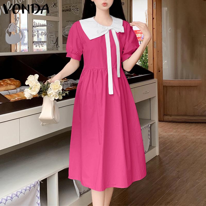 VONDA Women Doll Collar Short Sleeve Pleated Midi Dress