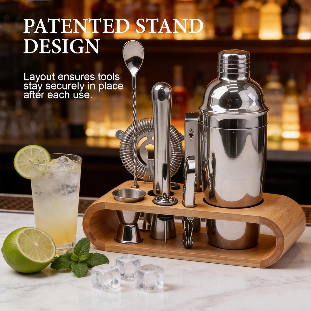 Bartender Barware Set: Wooden Cocktail Tools with Bamboo Storage Base and Stainless Steel Shaker
