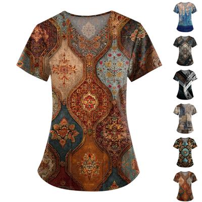 Plus Size Printed Scrub Working Uniform Tops For Women's V-Neck Print Short Sleeve Fun T-Shirts Workwear Tee With Pockets
