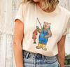 Vintage Distressed Bear Fishing Overalls Boots Graphic Tee, Cream Beige Retro Outdoor Angler Nature Lover Relaxed Fit Crew Neck Casual Tee