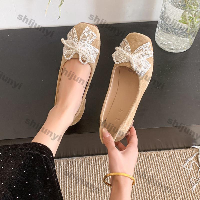 Womens Shoes 2026 Spring New Comfortable Shallow Lace Square Toe Mary Jane Shoes Fashion Non Slip Bow-knot Women's Ballet Shoes