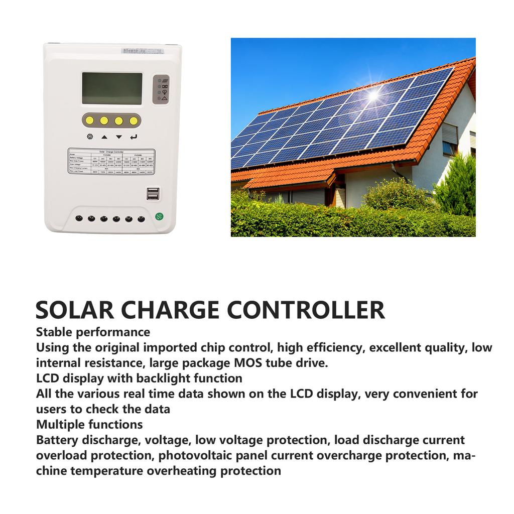 12V 24V 36V 48V PWM Solar Charge Controller with LCD Display Lithium Electric Activation Solar Panel Charge Regulator