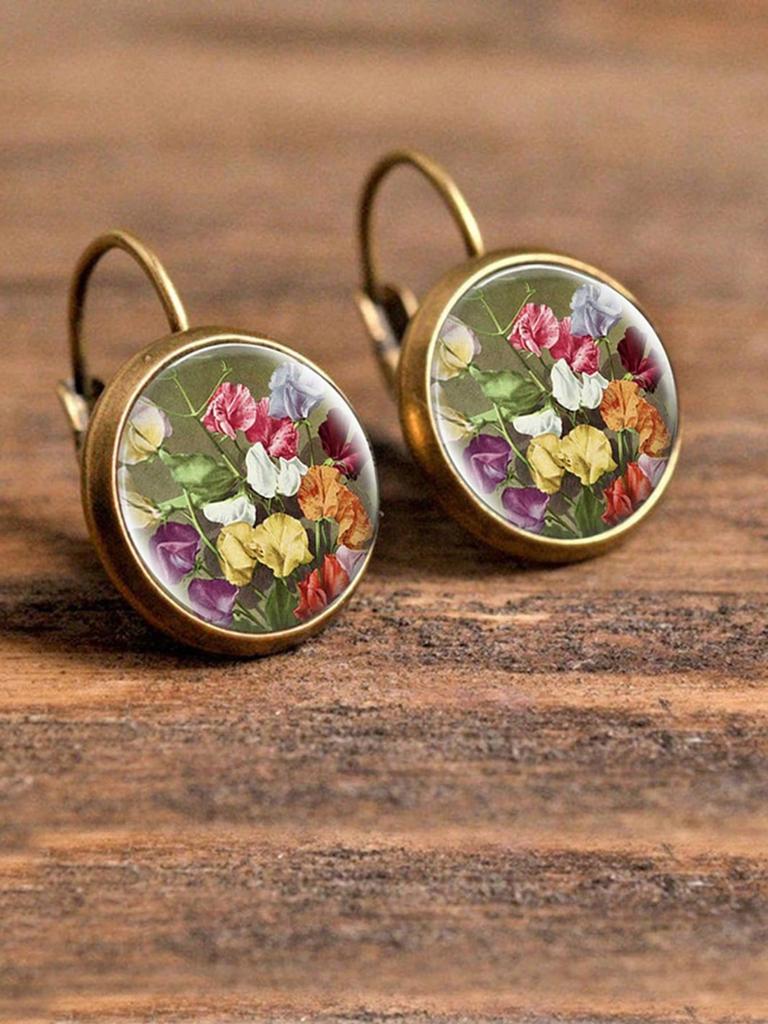1pc Flower Print Round Drop Earrings Copper Jewelry Valentines