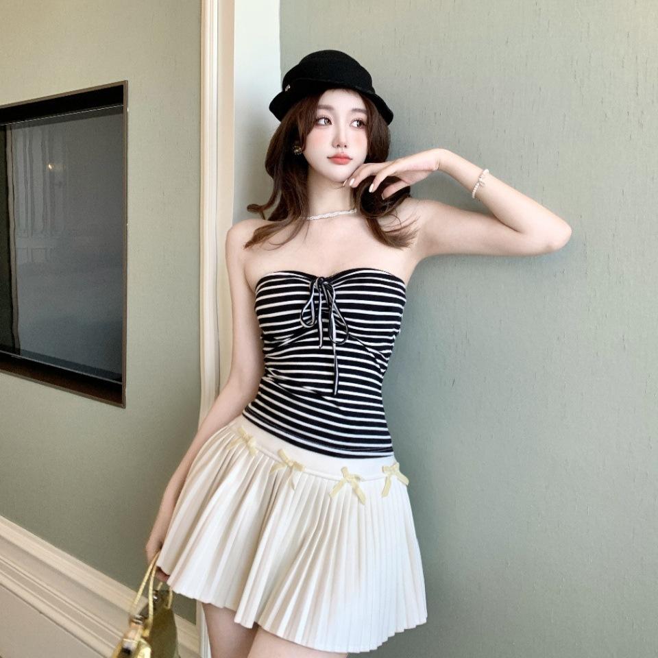 #Summer new pure desire striped strap-on tube top women's inner plus non-slip strip fixed with chest pad to look thin