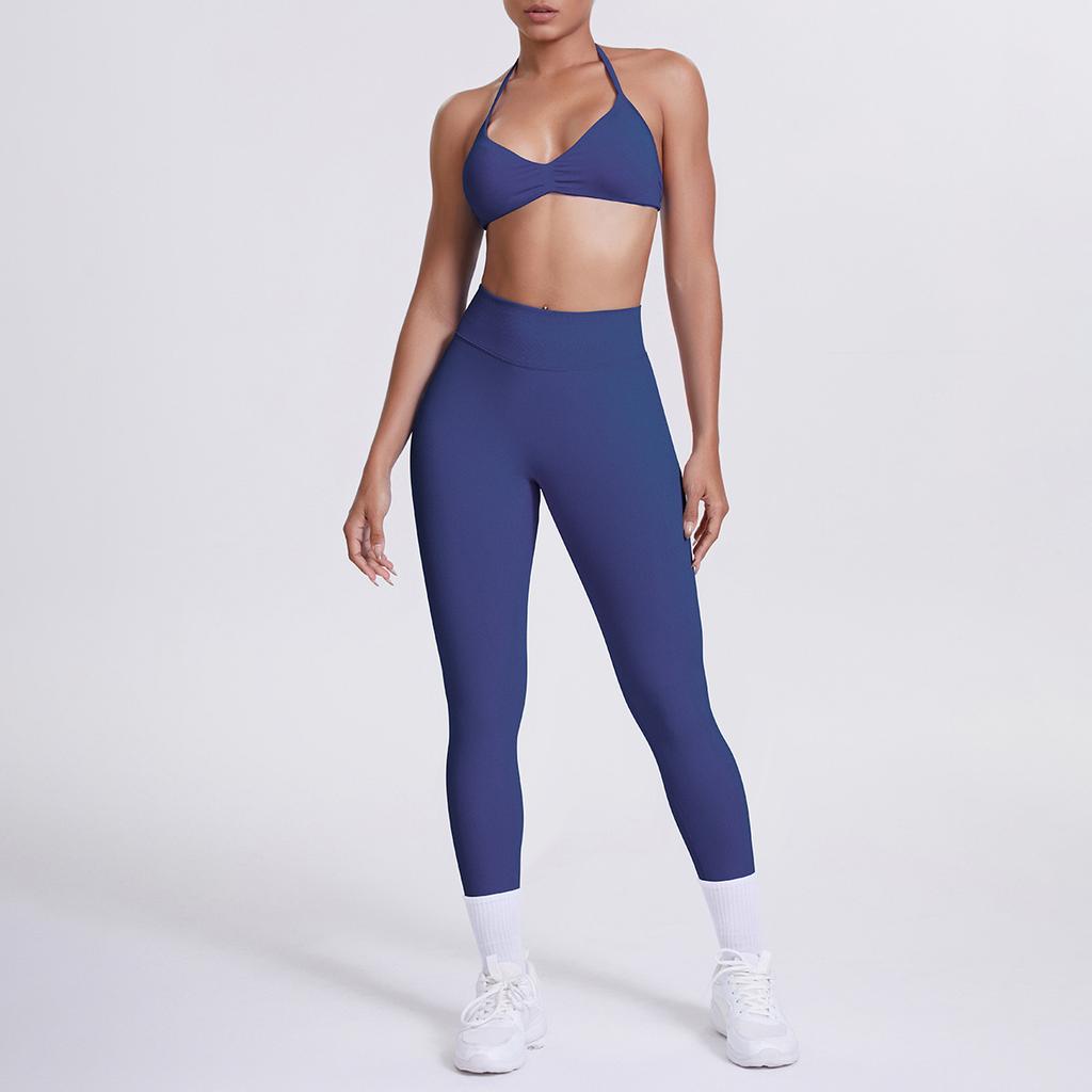 Seamless solid color beautiful back neck bra trousers yoga suit set tight running fitness two-piece set