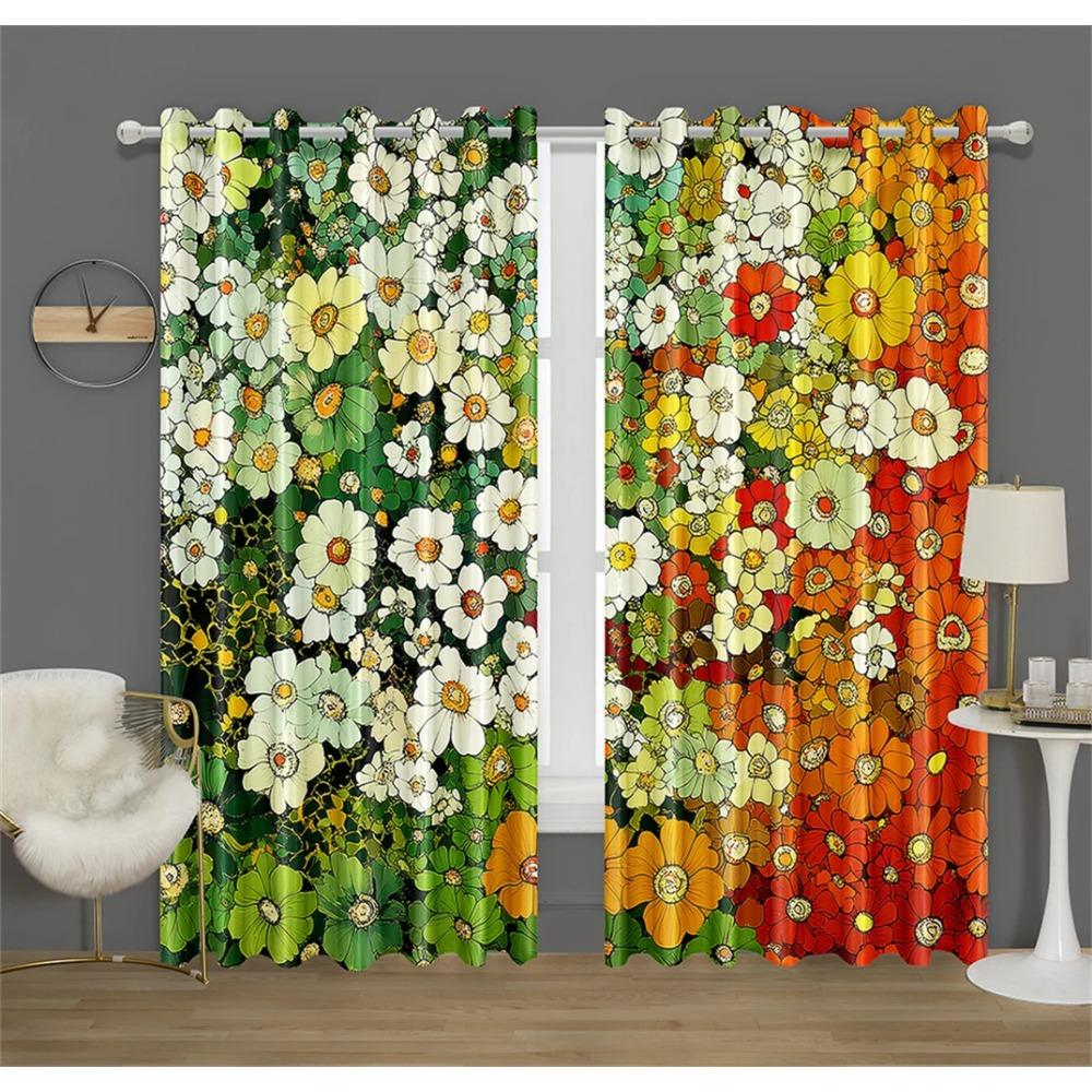 Colorful Rich Flowers Pattern Curtains Green and Peach Flowers Kitchen Decor Curtains Bedroom Living Room Window Decor 2 Panels