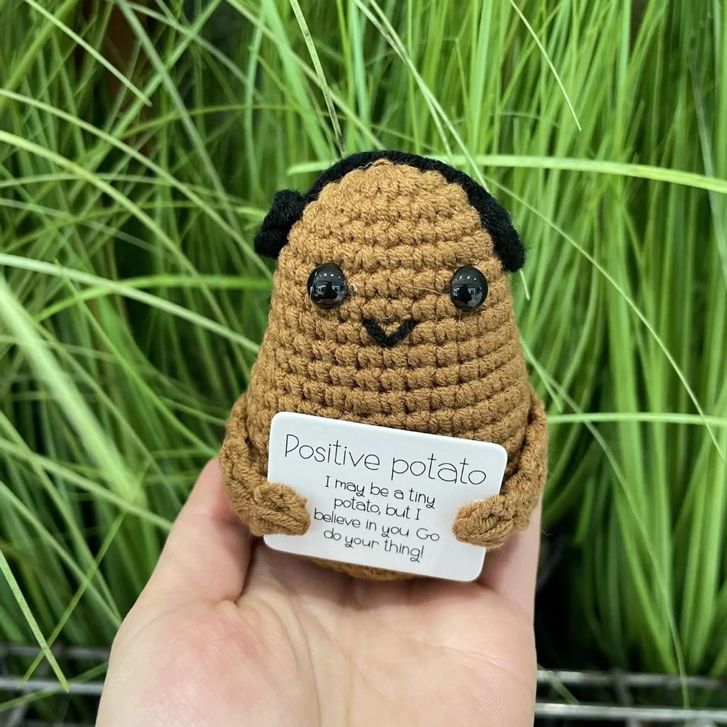 White Elephant Gifts Potato Mini Funny Knitted Wool Toy with Positive Card Cute Creative Life Doll Potato for Birthday Gift