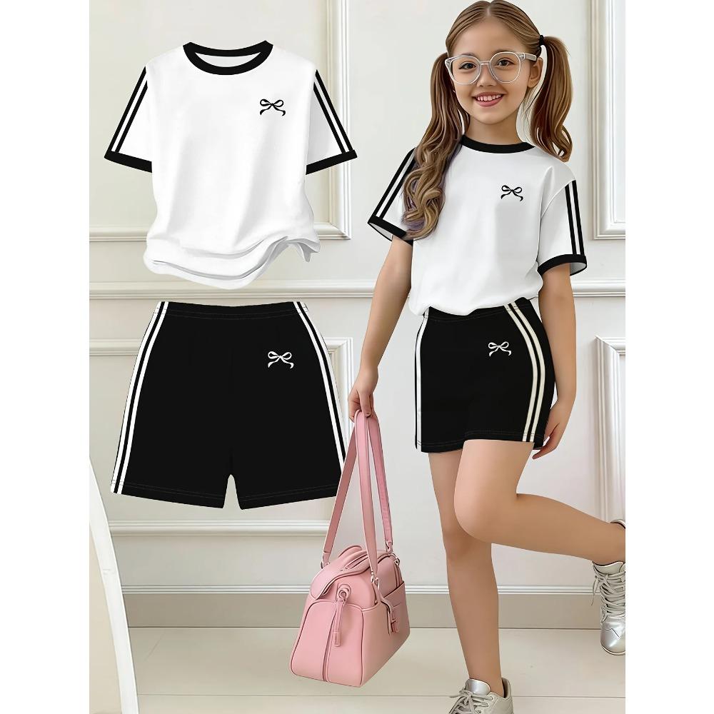 Kids Clothes, Girls 2pcs Set, Easy Bow Print Short Sleeve T-Shirt and Shorts Set, Suitable for Spring and Summer, Y2K Fashion Clothing