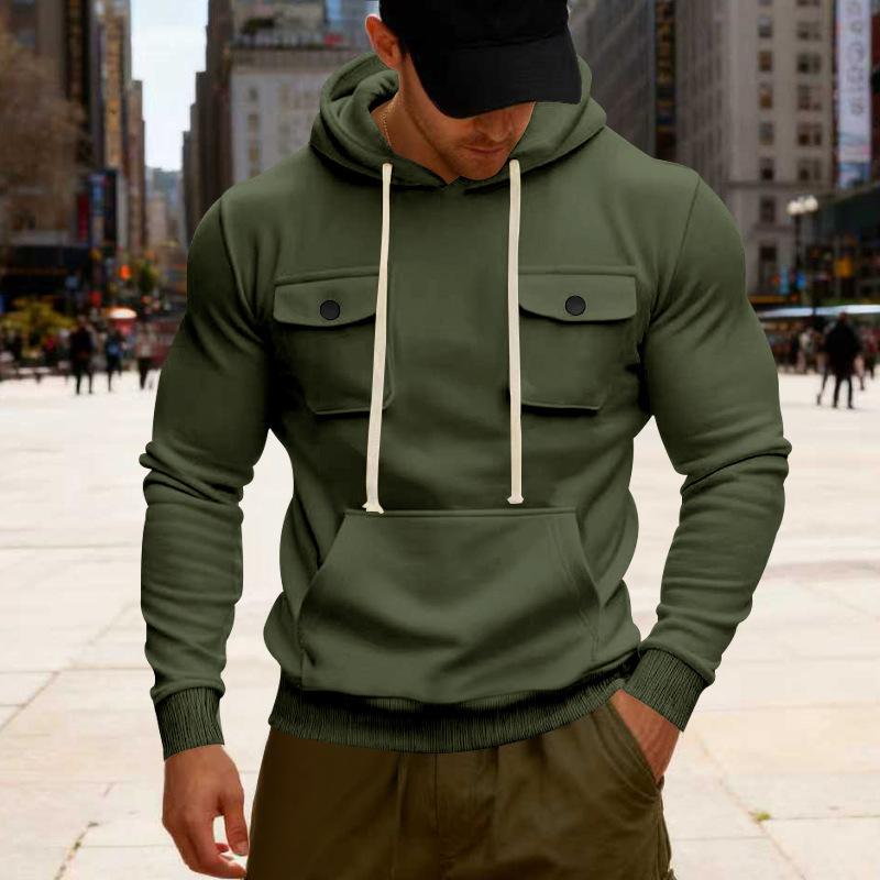 Autumn and Winter Heavyweight Men's Loose Outdoor Sports Velvet Hooded Multi-pocket Casual Workwear Sweatshirt for Men