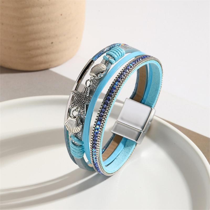Chic Starfish Bracelet Soft Faux Leather Multi-Layer Wrist Bangle Hand Jewelry For Casual To Formal Occasion