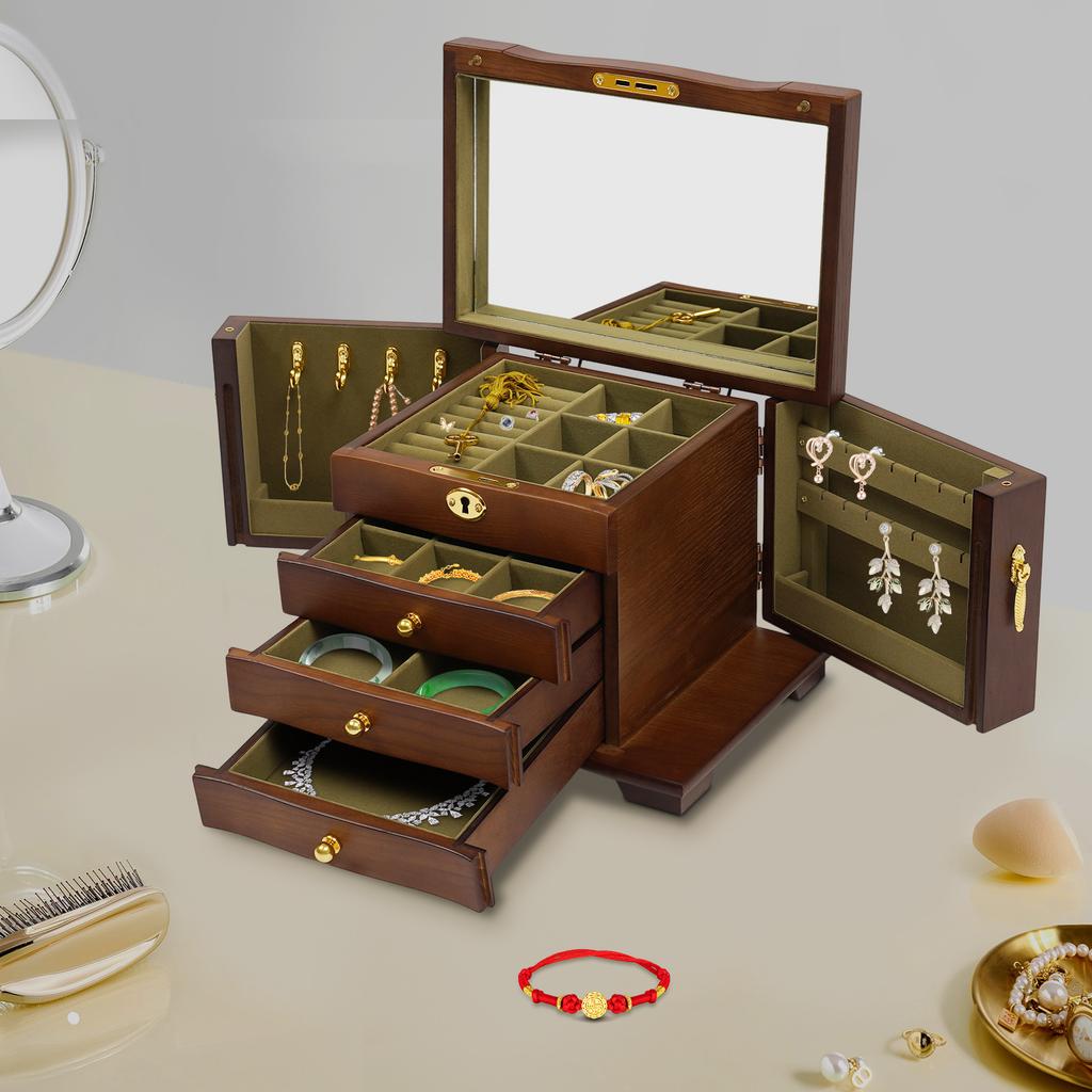 Bymaocar 4-layer Solid Wood Lockable Jewelry Box, Compact Jewelry Storage Cabinet with 3 Drawers and Double-sided Compartments