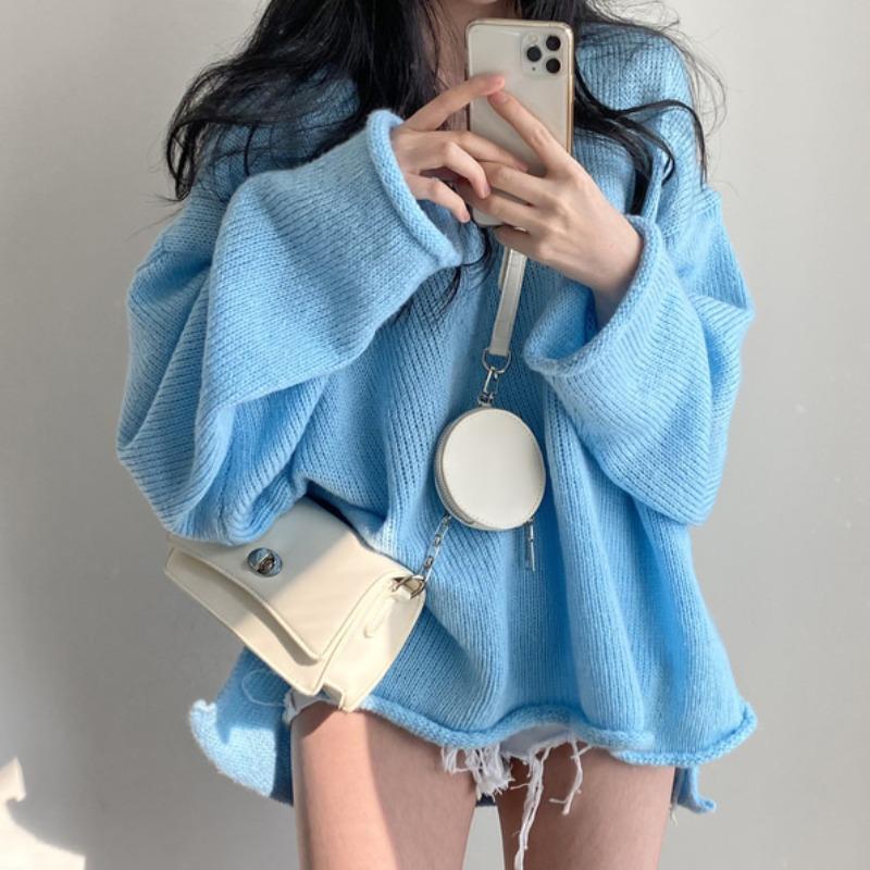 

V-Neck Sweater Women s Autumn WinterNew Arrival Loose-Fit Outerwear Medium-Length Hip Covering Base Layer Top 3XL синій