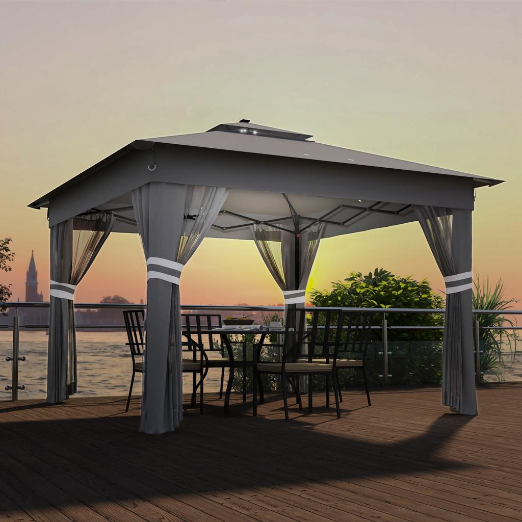3.36 X 3.36m Pop Up Gazebo Party Tent with Solar-Powered LED Lights, Adjustable Event Shelter with Netting, Grey