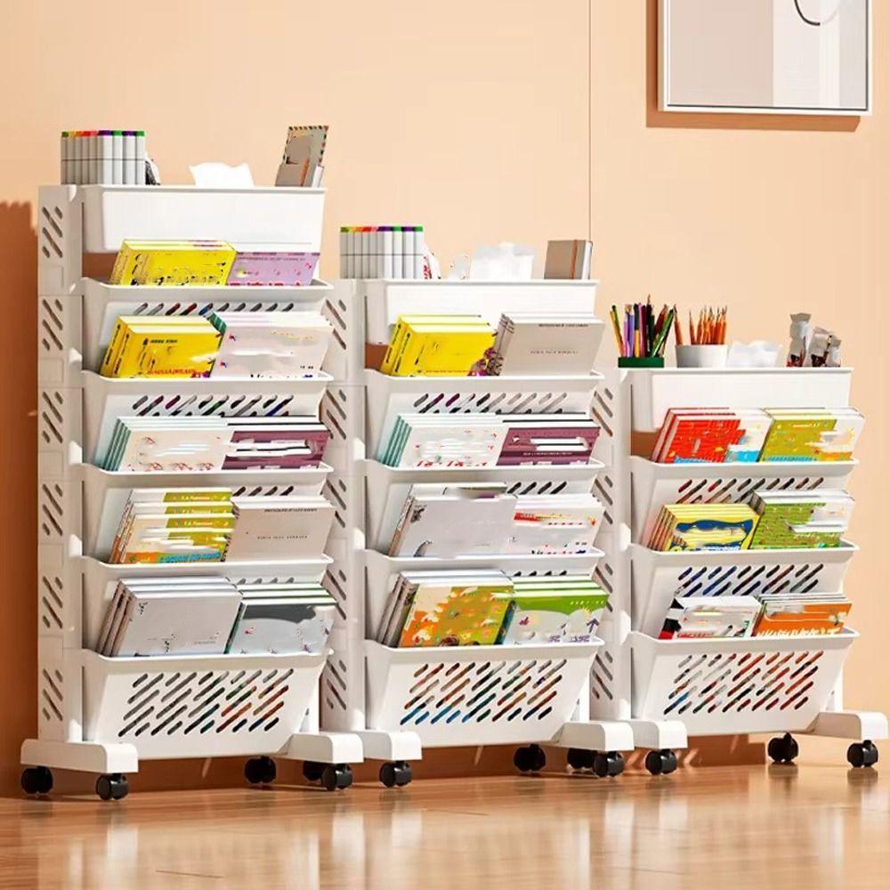 Large Capacity Bookshelf On Wheels Rotatable Book Storage Rack Movable Book Shelf  Student Use