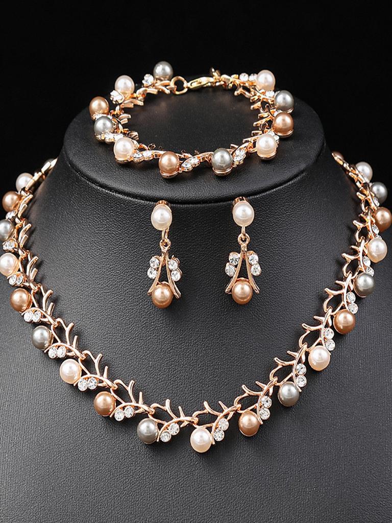 4pcs Women's Zircon Set with Pearl Rhinestone Necklace, Earrings, Bracelets, Bride's Wedding Accessories