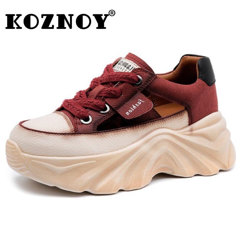 

Koznoy 6CM Платформа из натуральной кожи Клин Мода Женщины Лето Вулканизируйте Коренастые Кроссовки Полые Шнуровка Удобная Дышащая Обувь