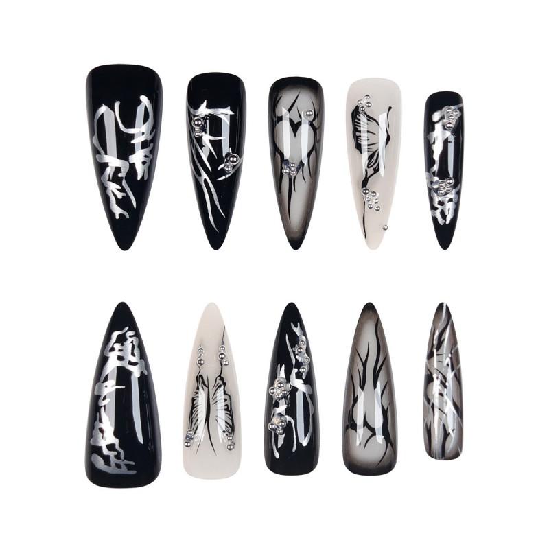 Gothic Punk Style Press-On Nails With Heart Butterfly Design Long Tip False Women