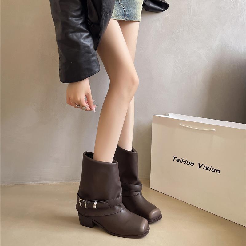 Square Toe Women Western Cowgirl Boots Fashion Belt Buckle Shoes Autumn Winter Thick Heel Ladies Knight Short Booties