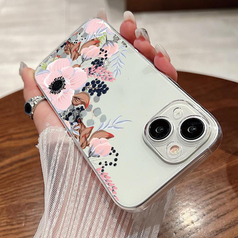 For iPhone 15 Pro Max 14 13 Pro 12 11 Phone Cover Beautiful Floral Pattern Clear Shockproof Slim PC Hard Case