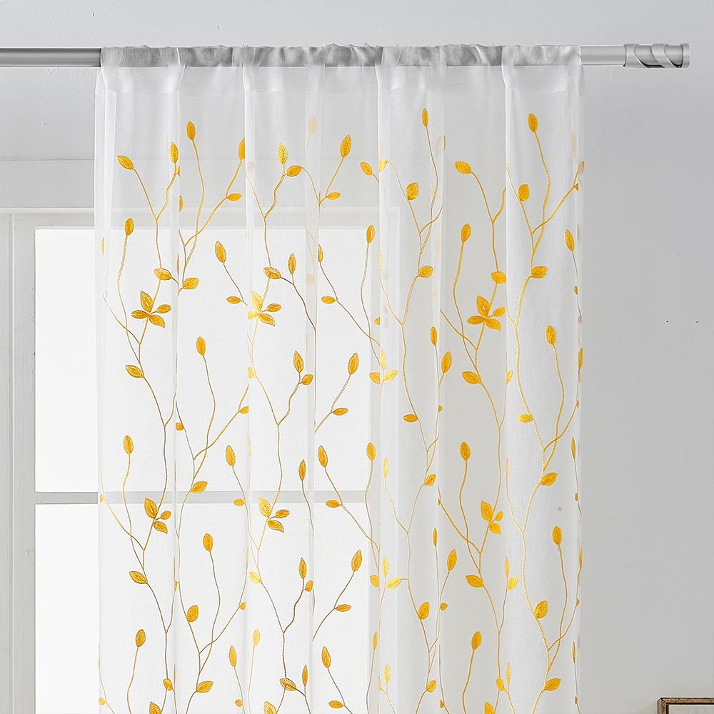 Pastoral Style Window Drapes Embroidery Tulle Curtain Leaf Pattern Sheer Curtain Home Decoration