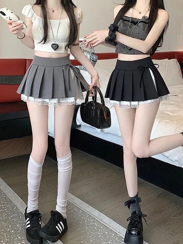 Spicy Ultra-Short Pleated Lace Patchwork A-line Skirt with Bow for Women