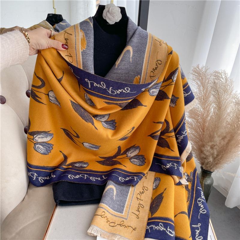New Tulip Flower Scarf Women's Imitation Cashmere Autumn and Winter Thickened Warm Dual-purpose Long Shawl